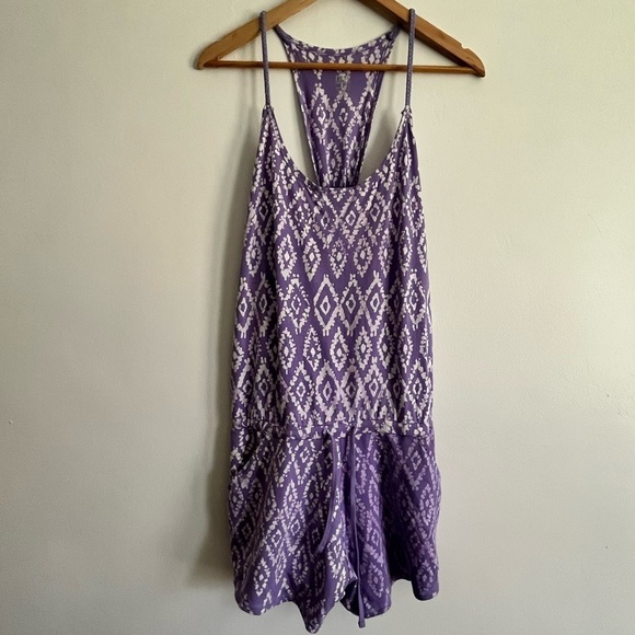 Tasc Organic Cotton Bamboo Festival Drawstring Open Halter Back Purple Romper - Picture 3 of 13